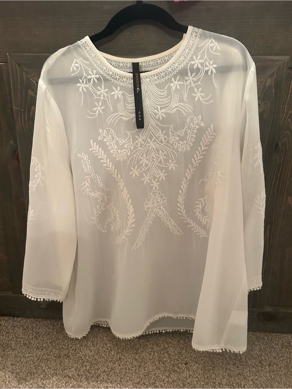 Renee C White Embroidered Boho Blouse Sheer Floral Tunic Top Medium